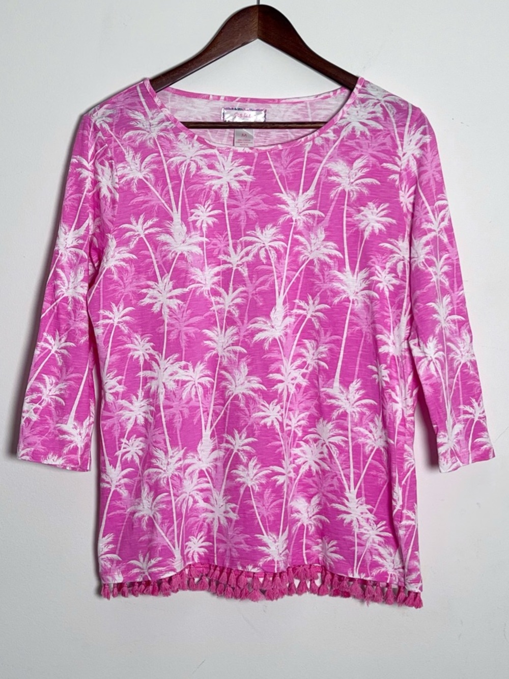 Stella Parker Women’s Cotton Palm Tree Print Tassel Hem Top Pink